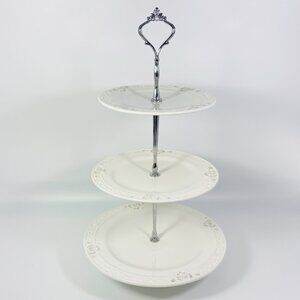 Vintage Bombay white 3 tiers Cake stand embossed flowers design